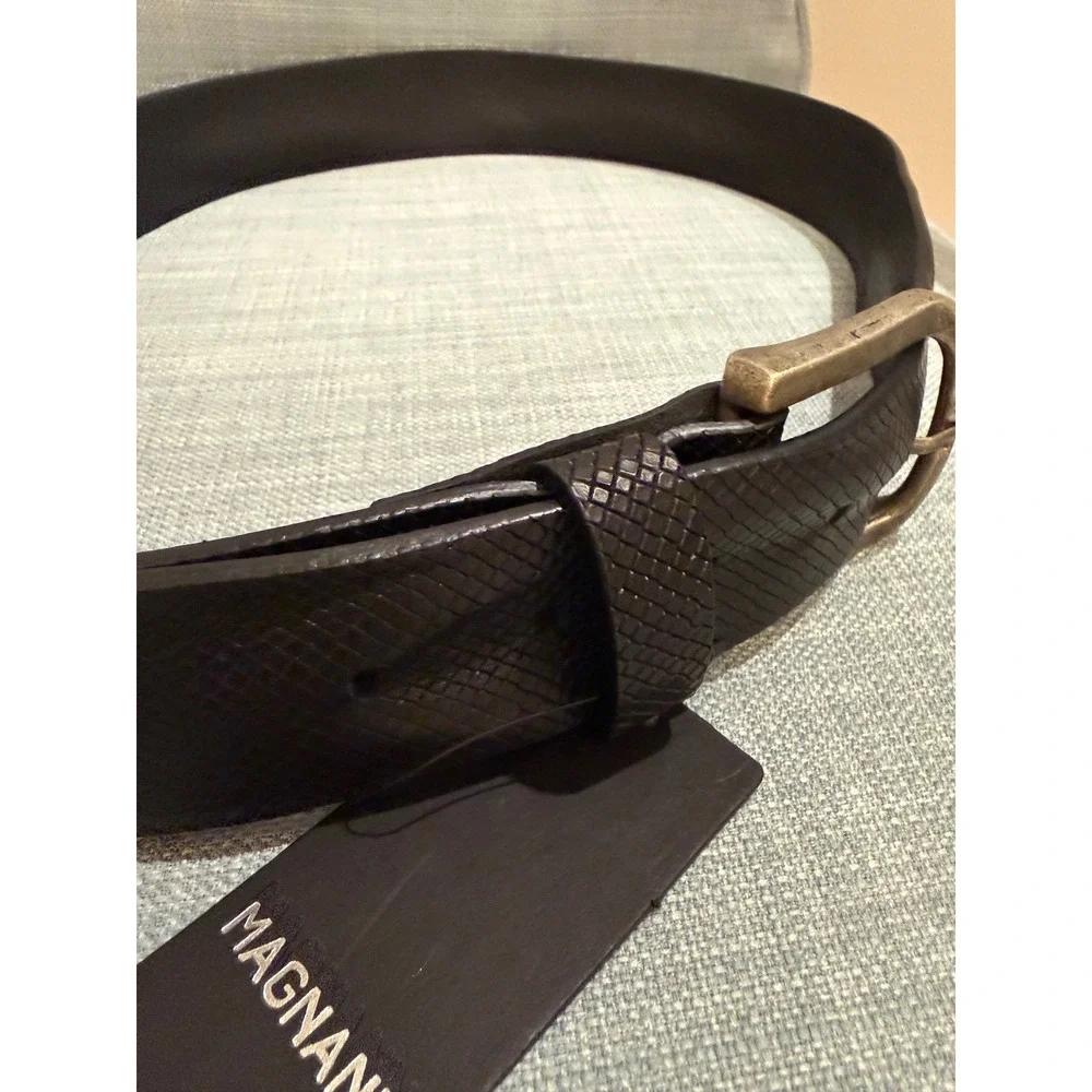 Magnanni Wayne Relax Black Leather Textured Diamond Pattern Belt 34 MSRP $134